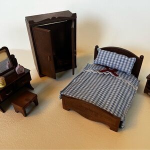Charming Brown and Blue Dollhouse Bedroom Set
